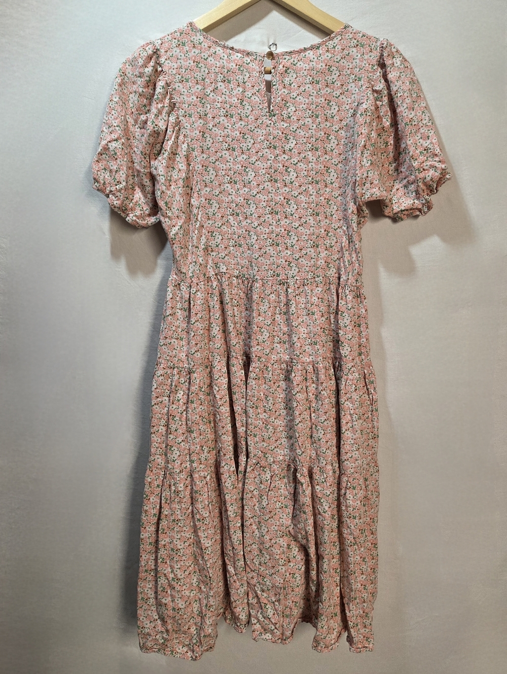 Pink Floral Print Cottagecore Loose Fit Midi Dress Tiered Ruffled Skirt Pockets - Picture 5 of 7